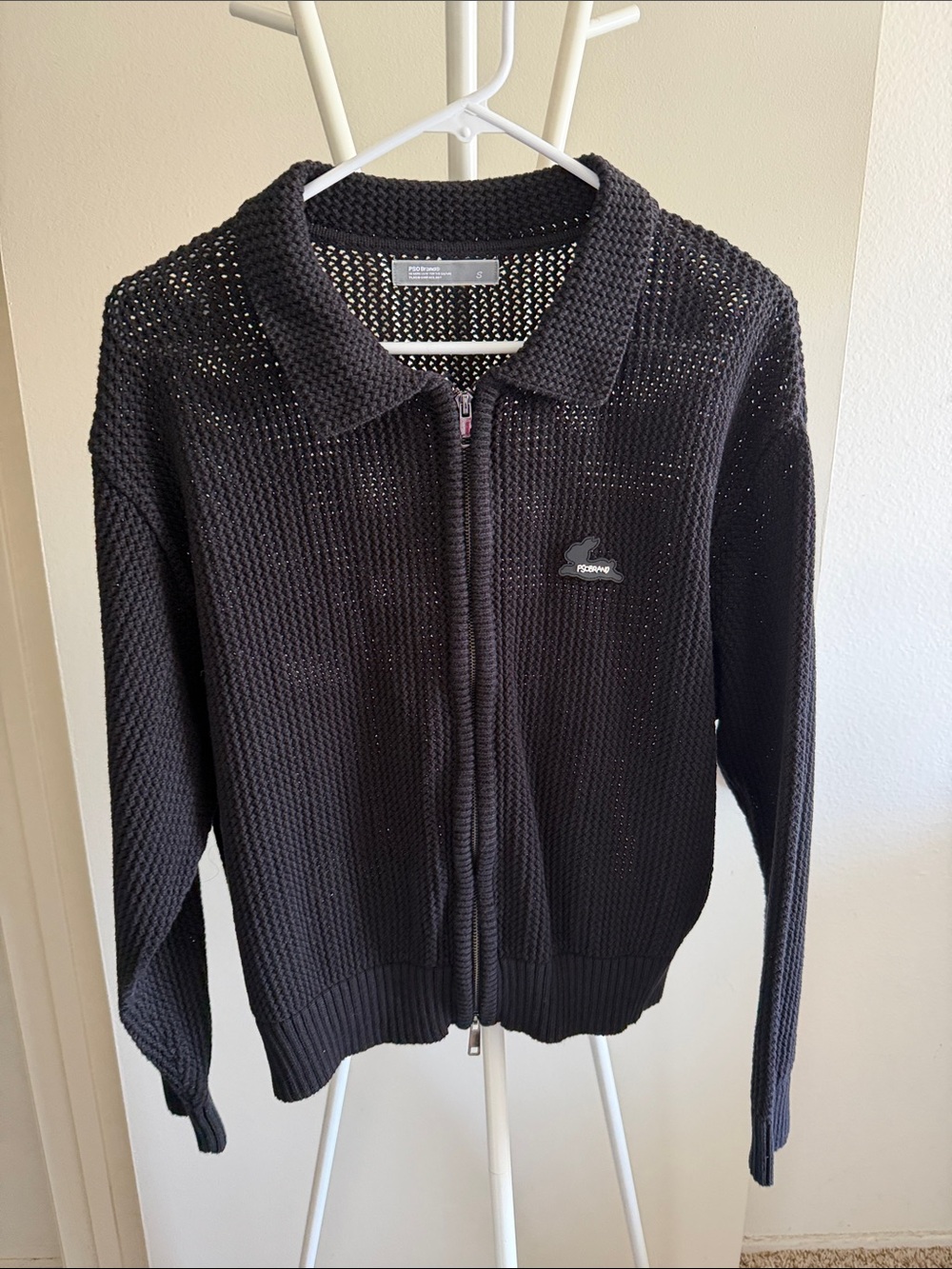 Black Zip-Front Knit Cardigan with Small Logo
